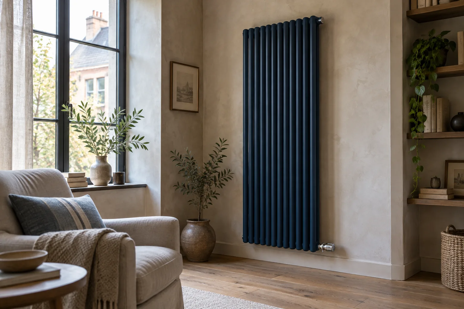 Radiateur vertical dans un intérieur chaleureux
