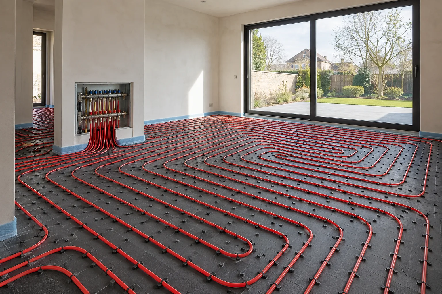 Circuit de chauffage au sol et collecteur dans une pièce avant la pose de la chape