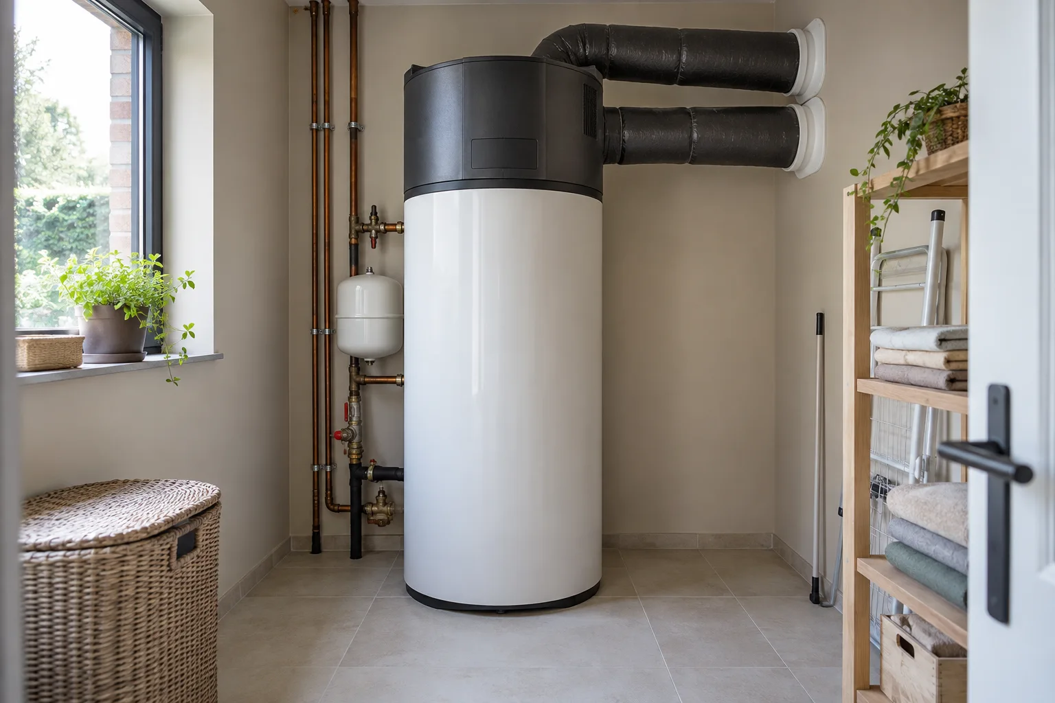Boiler thermodynamique avec conduits d’air isolés dans une buanderie