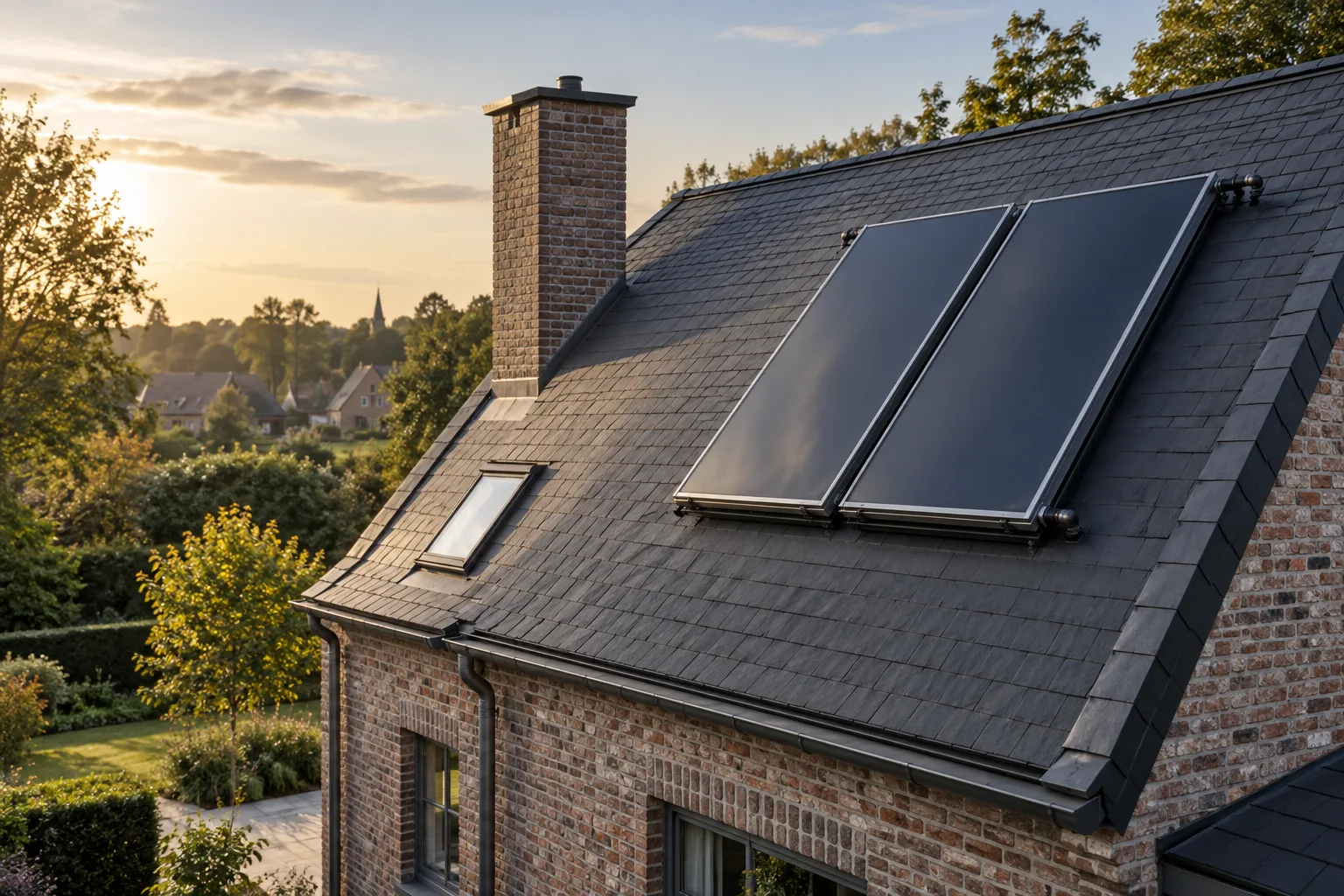Deux capteurs solaires thermiques sur la toiture en ardoise d’une maison en briques