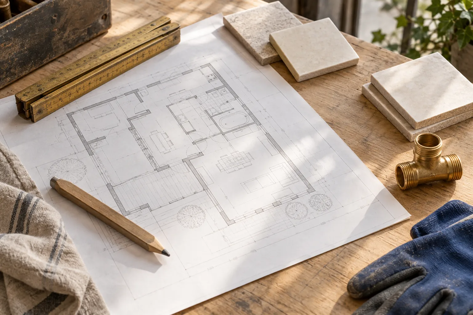 Plan, échantillons de carrelage et outils de préparation sur une table