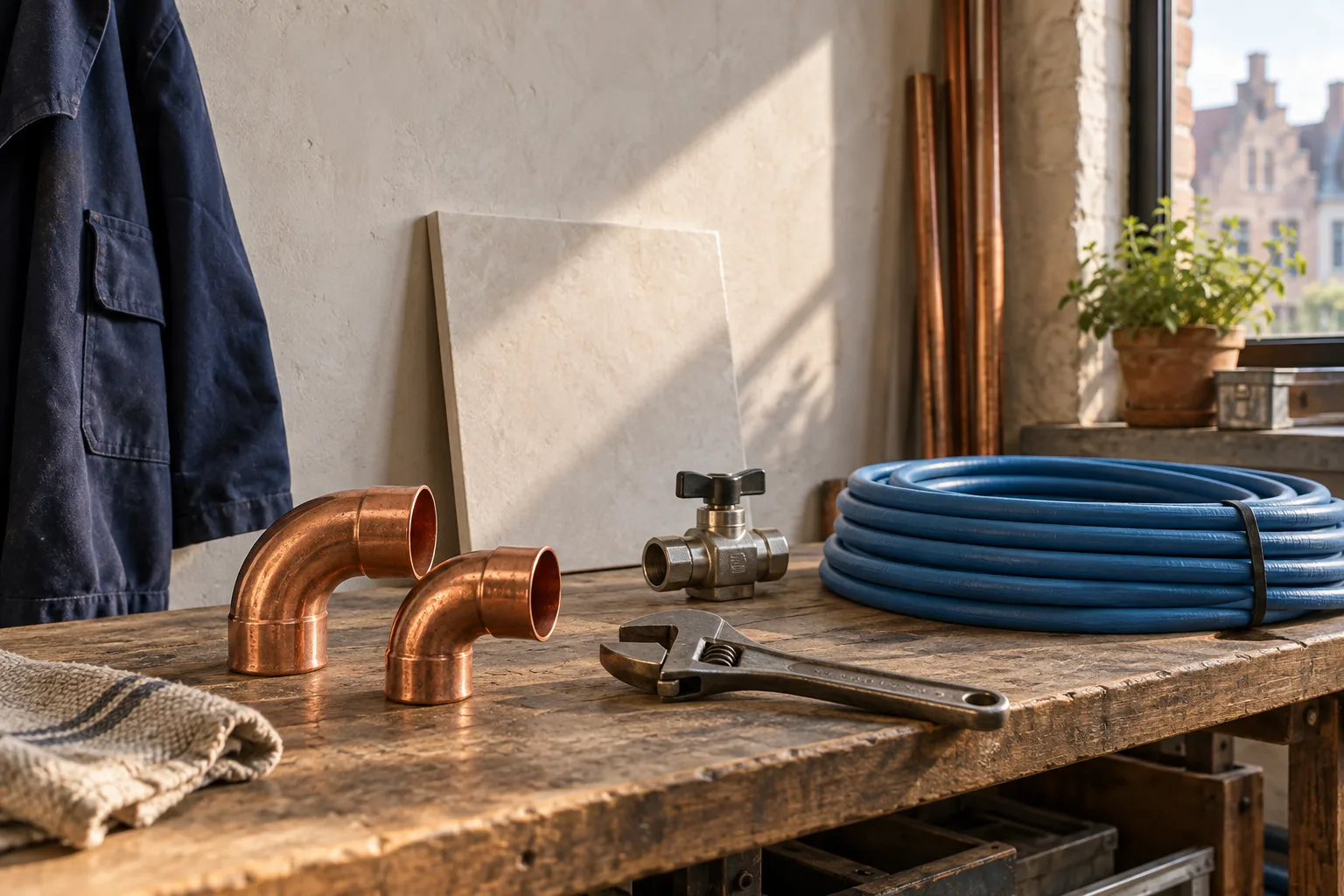 Raccords en cuivre, vanne et outils sur un établi