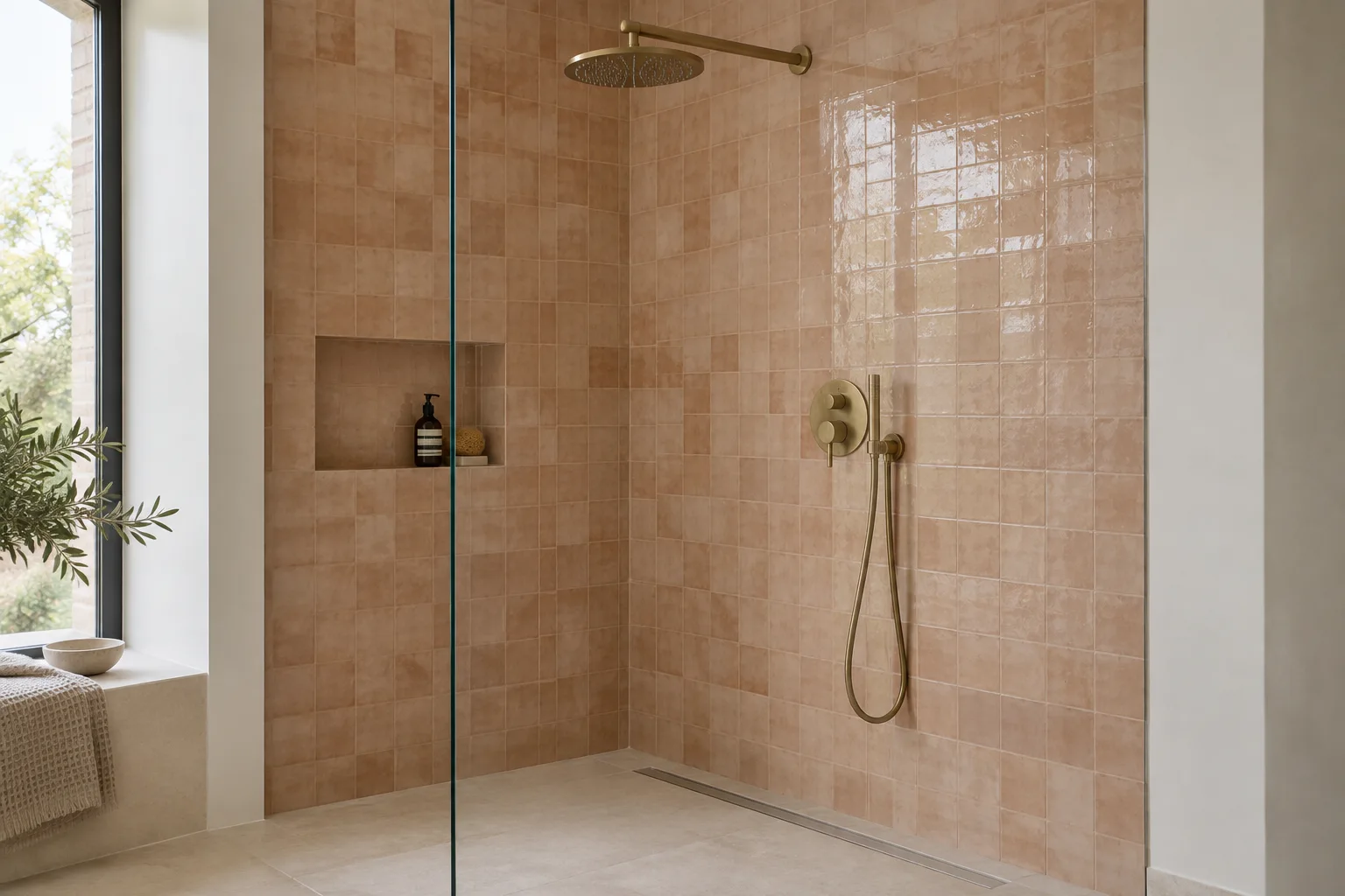 Douche à l’italienne avec robinetterie en laiton, paroi vitrée et faïence terracotta