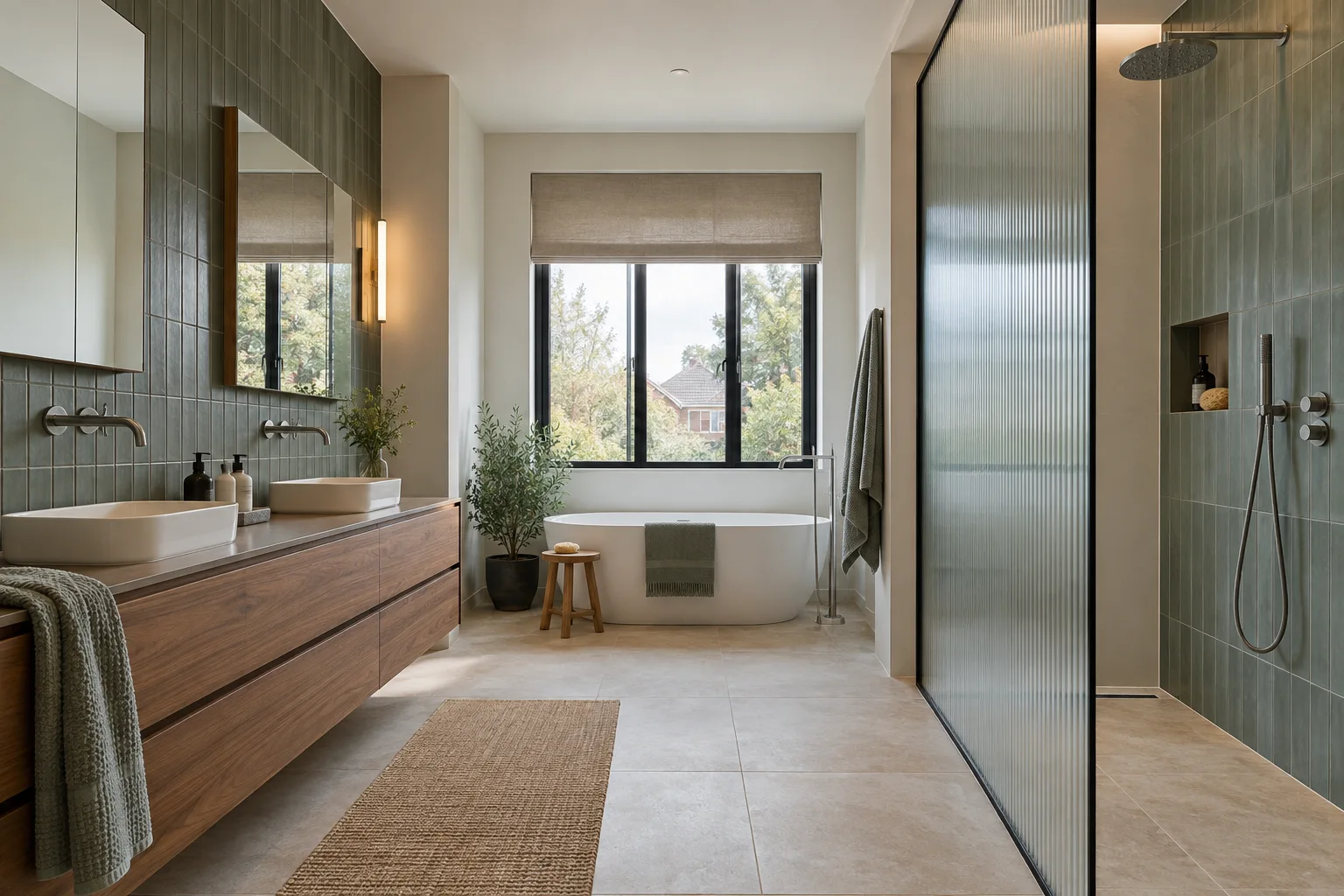 Salle de bain avec double vasque, baignoire et douche vitrée