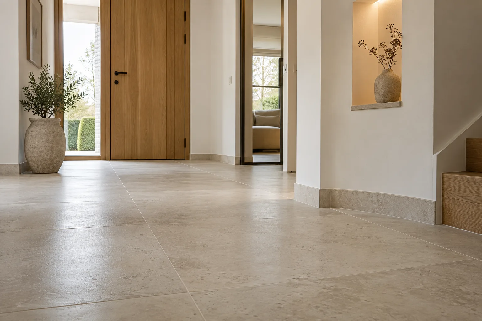 Hall lumineux avec carrelage grand format en pierre claire et finitions soignées