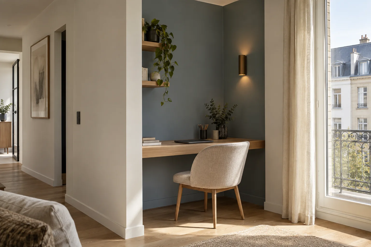 Alcôve de bureau avec cloison enduite et mur peint en bleu grisé