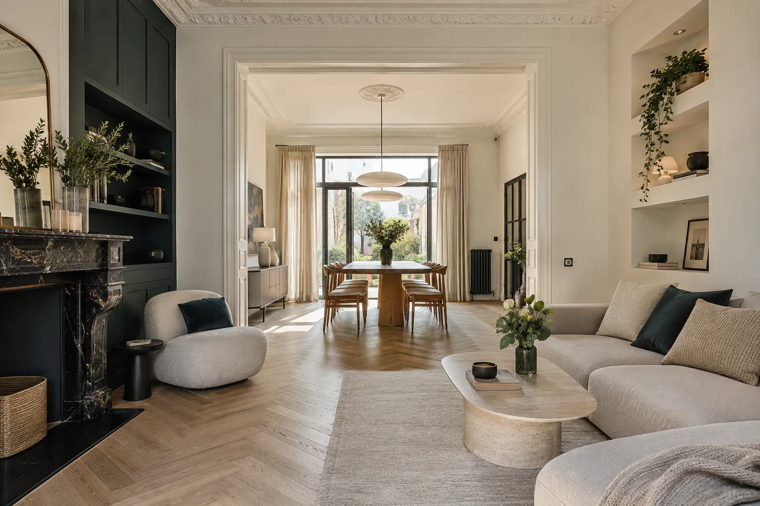 Pièces de vie rénovées avec parquet en chevrons et murs clairs