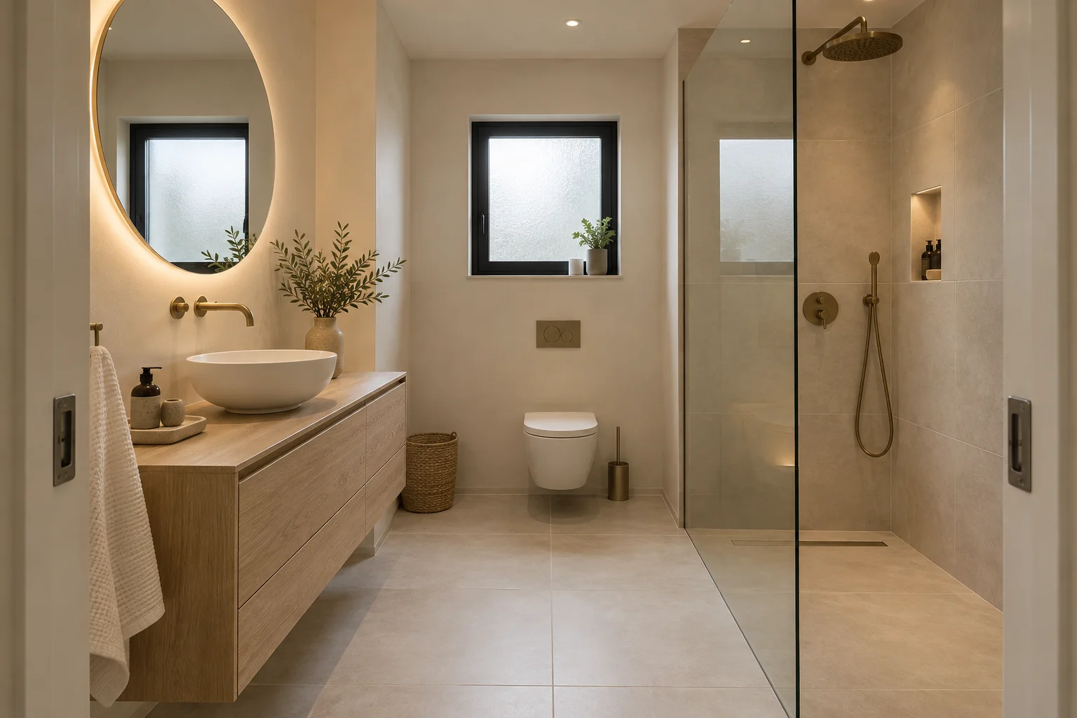 Projection après rénovation : salle de bain lumineuse, meuble en chêne et douche vitrée