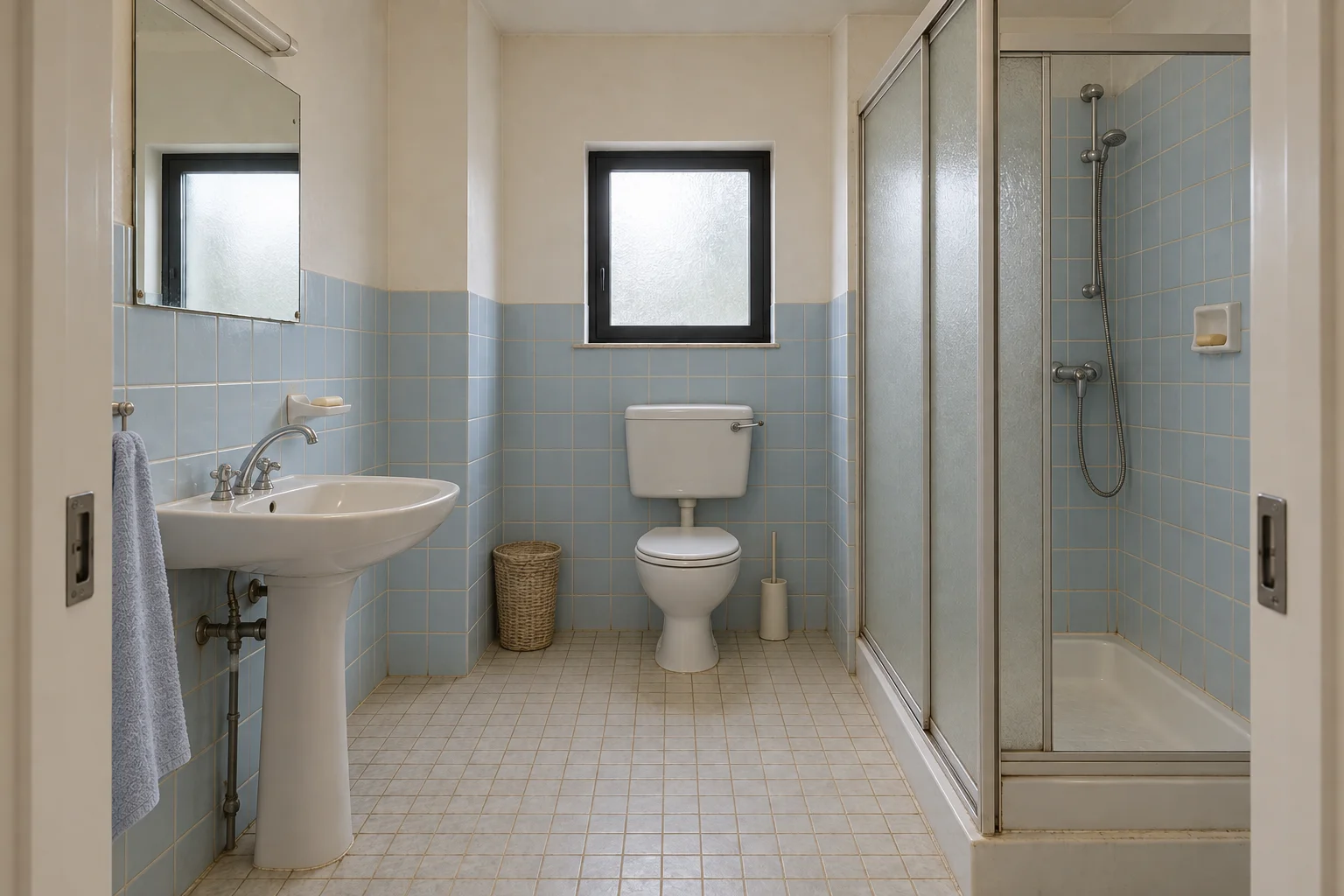 État initial illustratif : salle de bain ancienne avec carrelage bleu